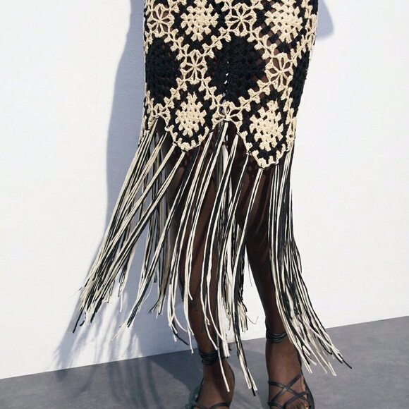 Black and White Party Women's Contrast Color Crochet Knit Sweater Dress - Picture 6 of 8